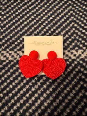 St. Armands Red Beaded Heart Drop Earrings